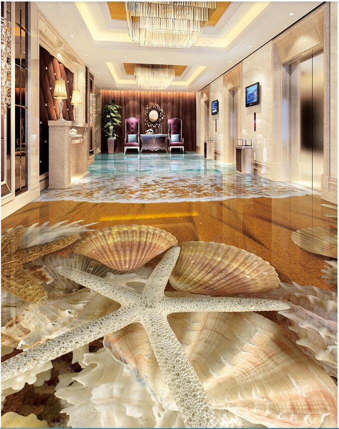 

3d pvc flooring custom photo Beach shell beach sand wave seaside sea 3D floor living room painting home decor self adhesive wallpaper