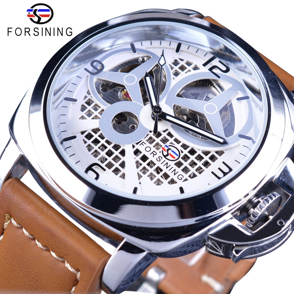 

Forsining Brown Genuine Leather Military Pilot Series Men Creative Sport Watches Top Brand Luxury Automatic Skeleton Wristwatch, Black