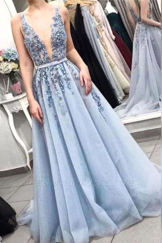 

New Princess Sky Blue Sexy Prom Dresses Long Backless V Neck A Line Applique Women Formal Party Dress vestidos largos, As picture