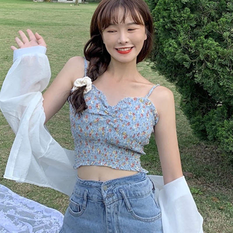 

Sweet Tank Tops Women Summer Ladies Sexy Bandage Sleeveless Camisole Sling Strap Floral Print Tops Casual Girl Crop Top Female
