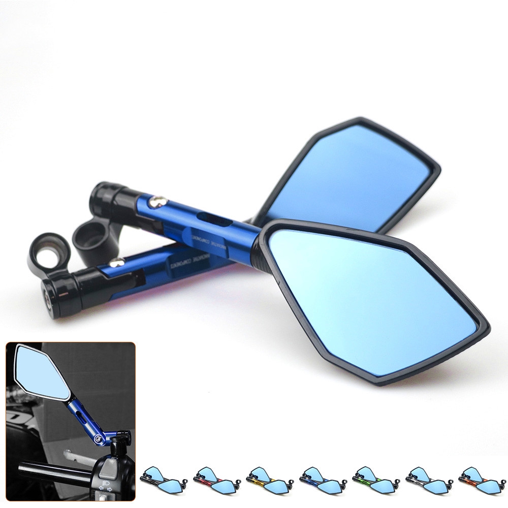 

Universal CNC Aluminum Motorcycle Handlebar Rear View Mirrors Blue Anti-glare Convex Mirror Long Style