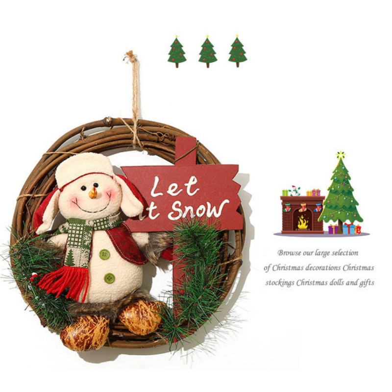 

Christmas Decorative Wreath Rattan Garland Welcome With Plush Dolls Santa Claus/Snowman/ Reindeer Hanging Pendant Decoration