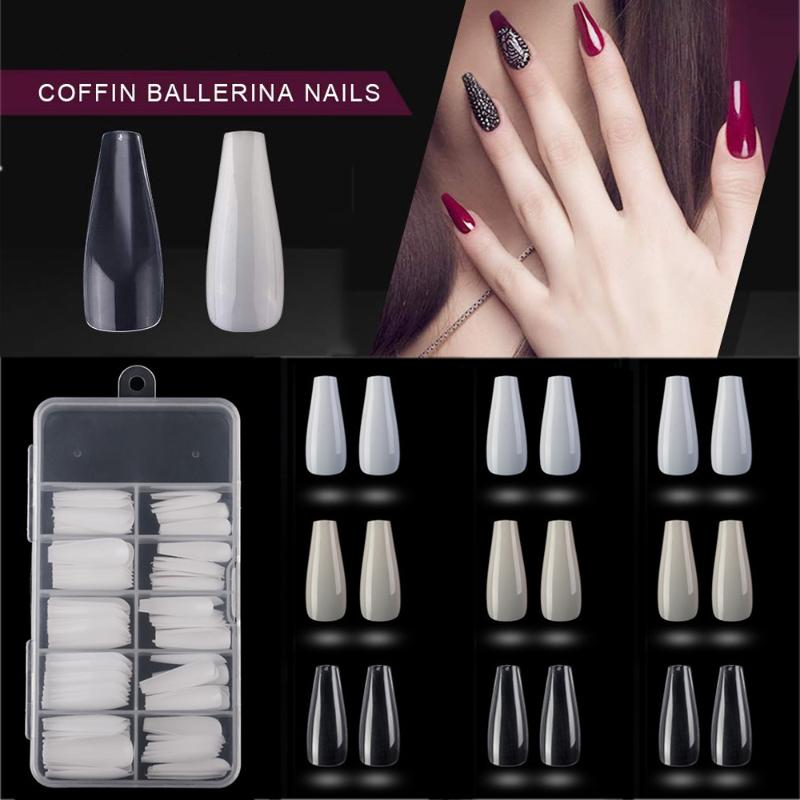 

100 Pcs/Set White Clear Natural Color False Nail Tips Full Cover Long Coffin Acrylic Fake Nails Nails Extension Manicure Tools, Natural bagged
