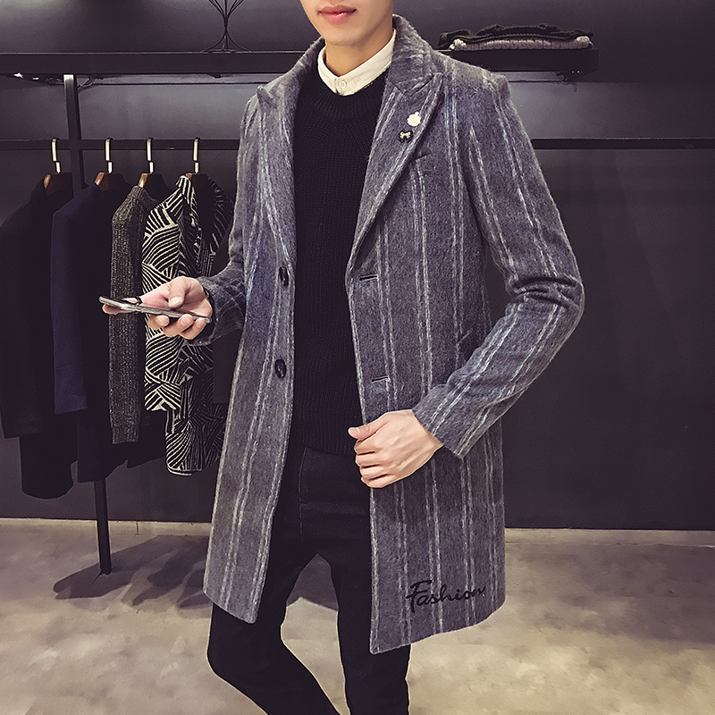 

Fashion Casual Slim Striped Single Breasted Overcoats High-end Brand Long Tranch Jacket Male Mens Autumn Winter Warm Wool&Blends, Gray