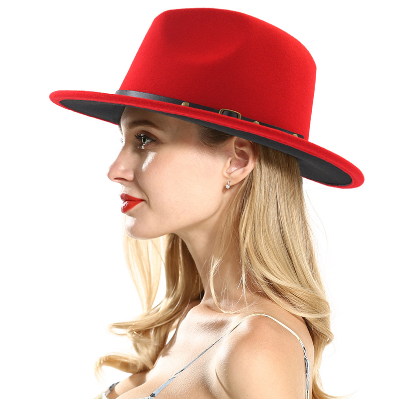 2020 new Unisex Flat Brim Wool Felt Fedora Hats with Belt Red Black Patchwork Jazz Formal Hat Panama Cap Trilby Chapeau for Men Women