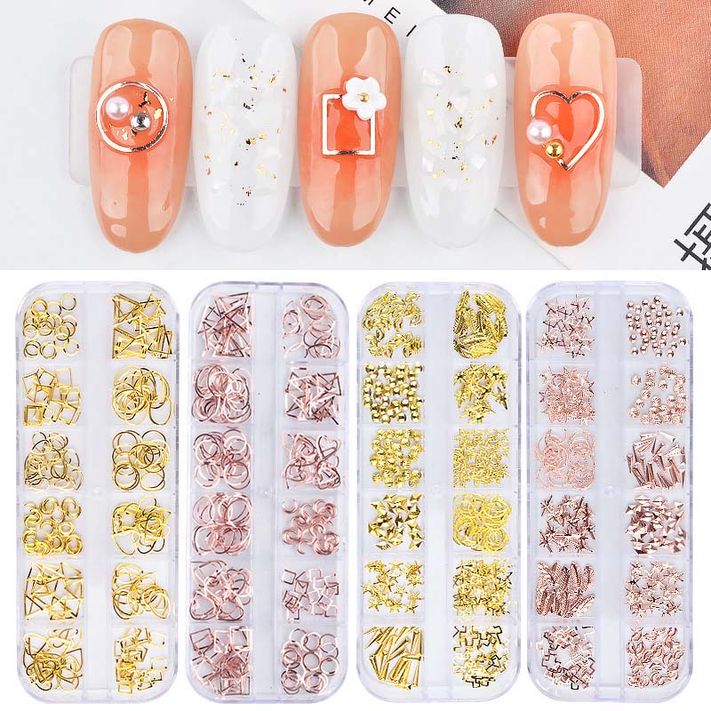 

12 grid Mixed 3D DIY Hollow moon/star Metal Frame Nail Art Decorations Gold Rivet Manicure Accessories DIY Heart Slider Nail Studs