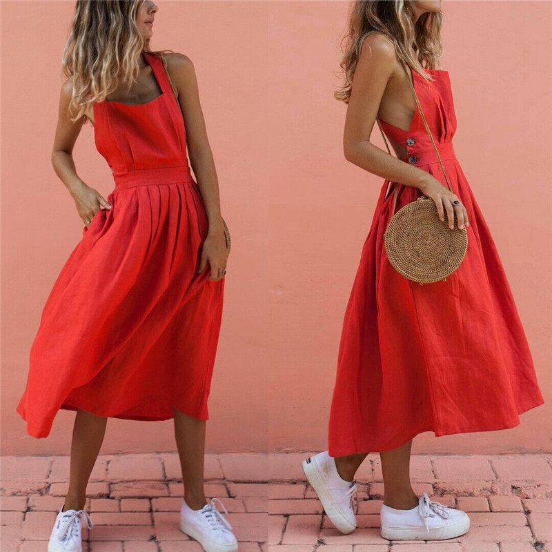 

Februaryfrost Women Summer Boho Backless Strappy Long Maxi Pleated Dress Sexy Strap Square Neck Knee-length Dress Party Beachwear Sundress, Red