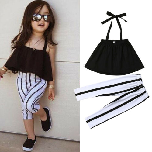 2019 2019 Summer Girls Clothes Sets Children's Clothing Fashion Girl Shirt Black Top+Striped Pants Suits 2019 Kids Clothing 2pcs-image-465265200
