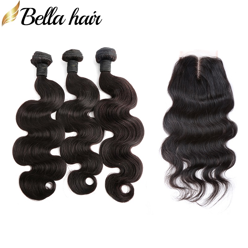 

Bellahair Hair Bundles with Lace Closure Body Wave Hair Weft Extensions and Top Closure 4x4 Free Part 3pcs Brazilian Virgin Hair Weaves, Natural color
