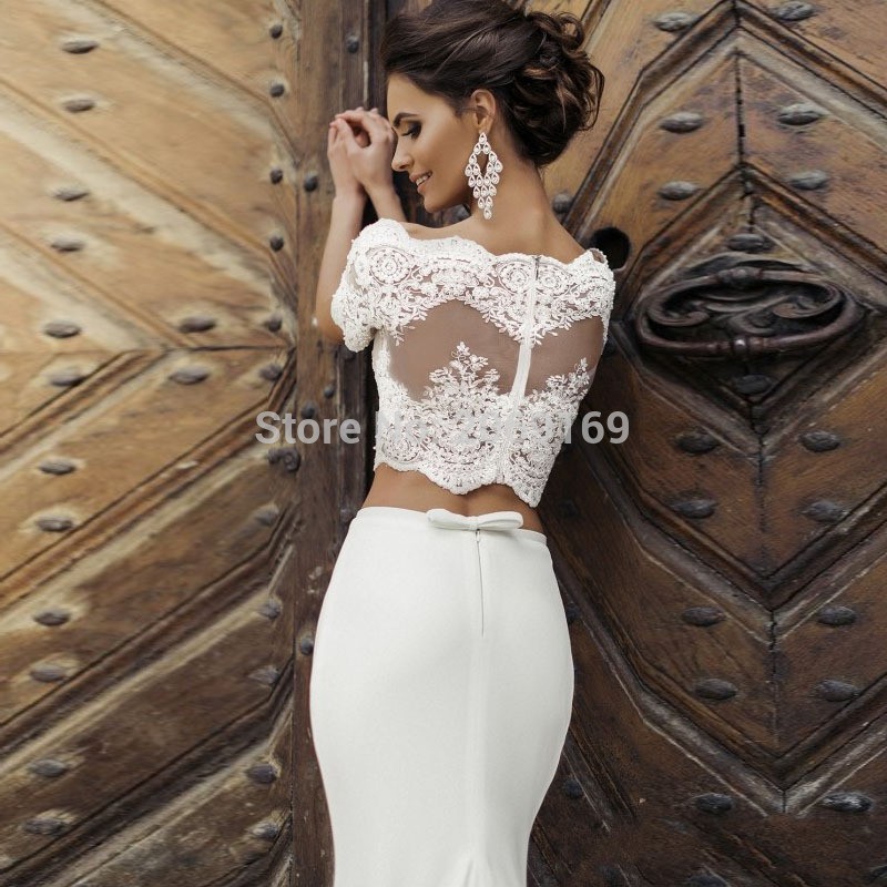 

Sexy Mermaid Wedding Dress Two Pieces Vestido De Novia Short Sleeves Lace Mermaid Wedding Gowns Robe De Mariage, Red