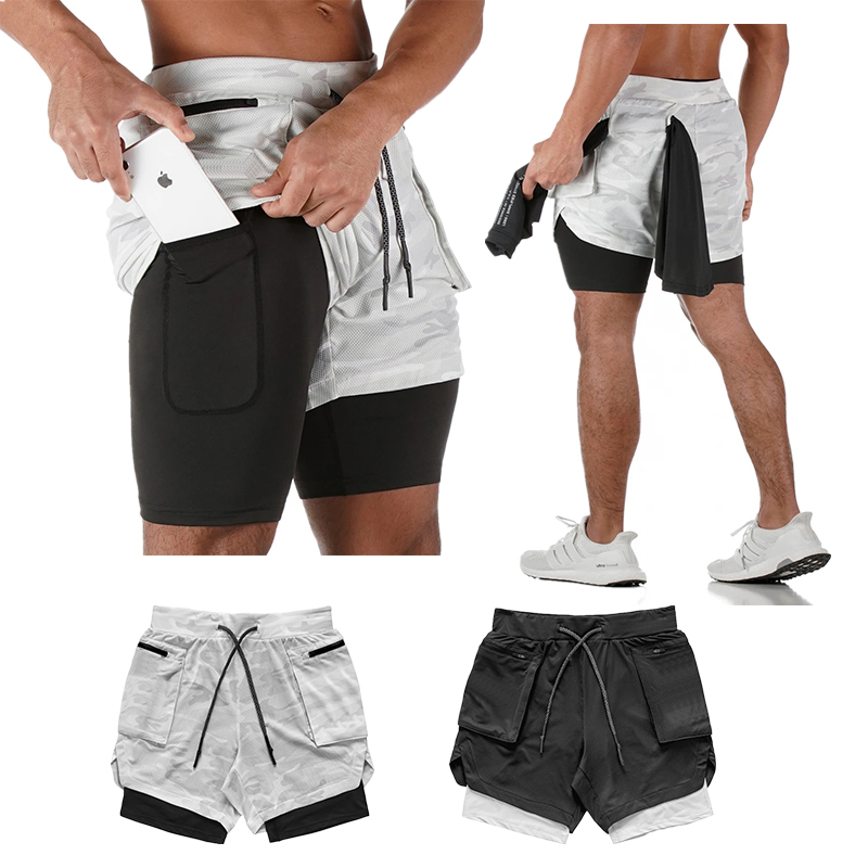 

new men's running shorts mens 2 in 1 sports shorts male double-deck pocket quick drying sports men jogging gym men, Rs-14