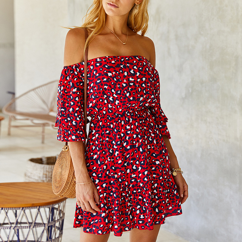 Casual Dresses Women Slash Neck Short Sleeve Summer Dress Leopard Print Temperament Elegant Skirt Fashion Sexy Mini Dresse S-XL