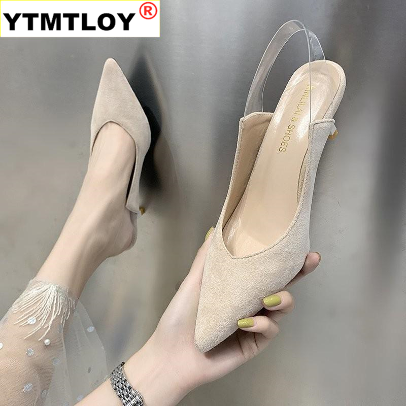 

2020 Slingback Heels Women Flock Pointed Toe Sandals Summer Pvc Strap High Heels Elegant Office Work Stiletto Women 2020, Beige