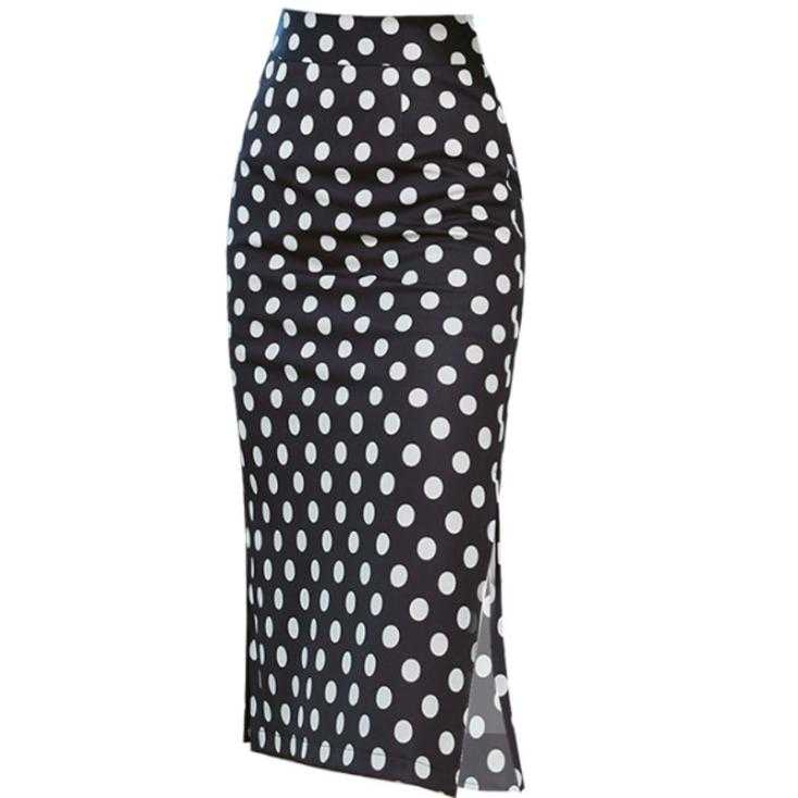 

2020 spring polka dot printed skirt women high waist package hip elastic split knee length skirt plus size, Black