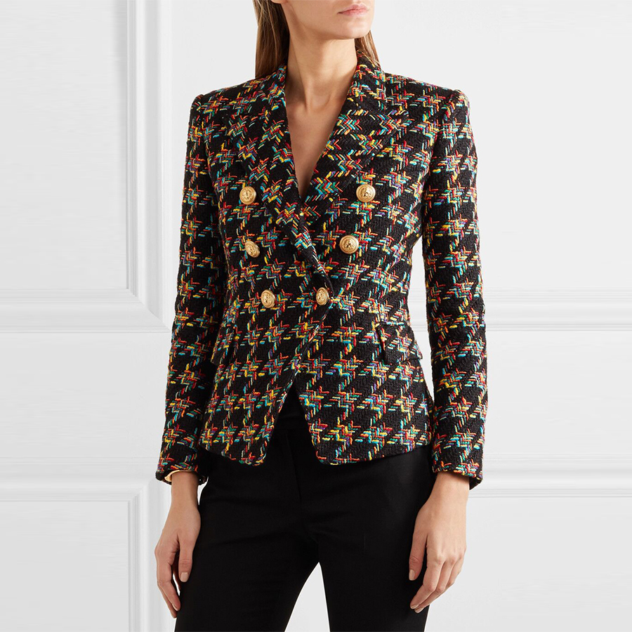 

HIGH STREET Newest Runway 2019 Designer Blazer Women' Lion Metal Buttons Houndstooth Short Jacket Blazer Coat, As pic