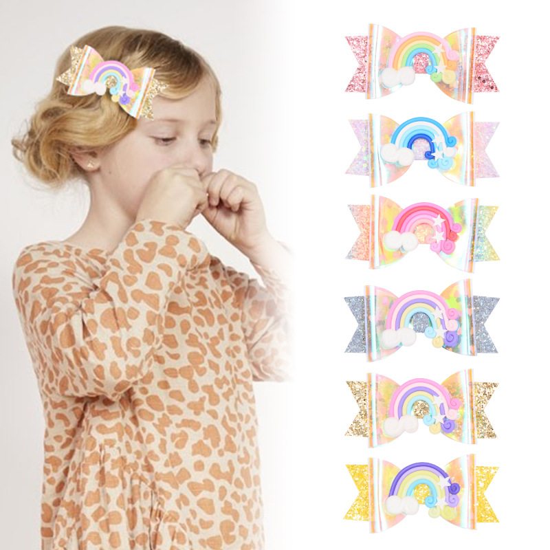 

Baby Girl Hair Clip Bow Rainbow Sequins Barrette Hairbow Hairpin For Hair Head Accessories 6 Colors, Mix colors