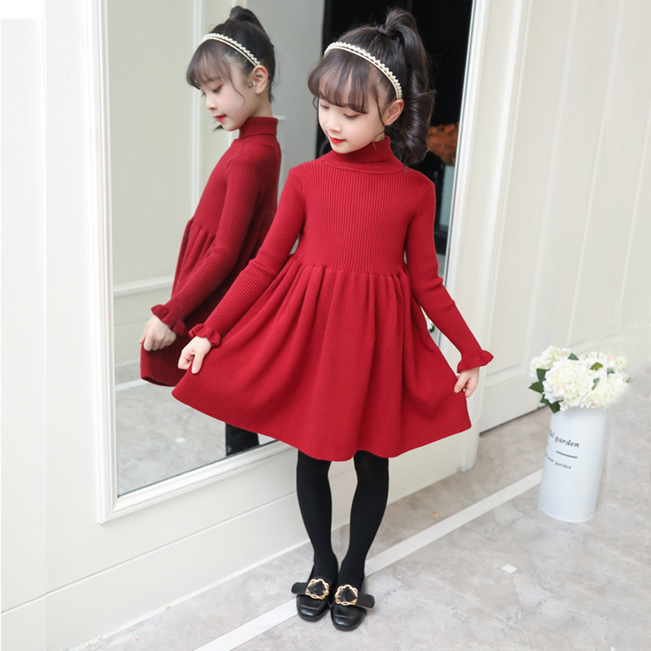 

Girls Dress Solid Knitted Dress Girls Turtleneck Sweater Dress Girl Autumn Winter Kids Girls Clothes 6 8 10 12 14 Year, Red