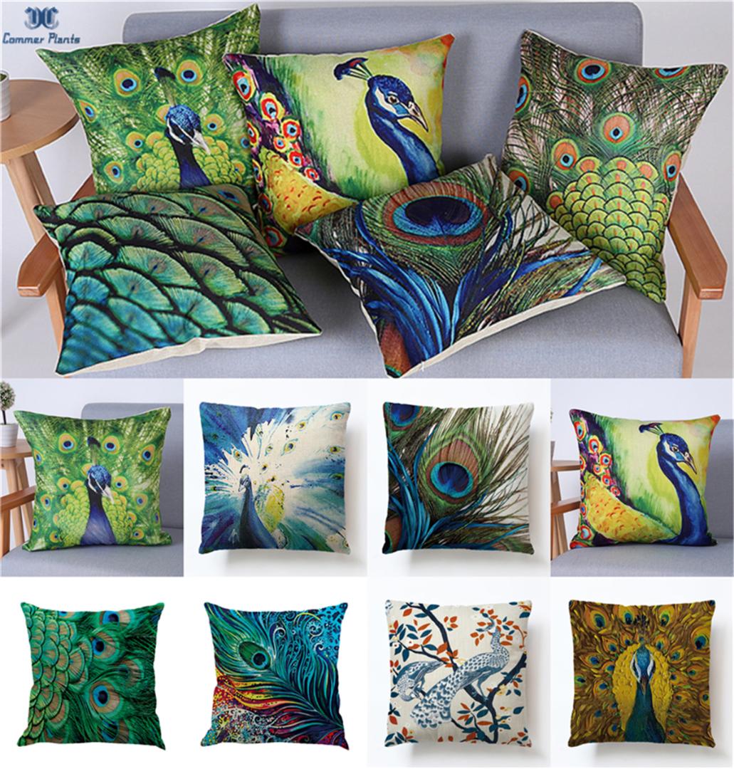 

NEW Hand Painted Linen Peacock Cushion Cover Peacock Feather Decorative Pillows Cover For Home Decoration Sofa Throw Pillow Case, Beige