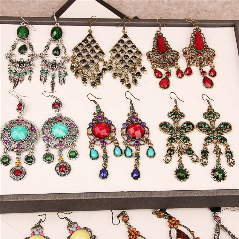 

New Fashion Vintage Gemstone Rhinestone Dangle Earrings Bohemian mixed order Fashion Jewelry Women Drop Earring Mother Gifts