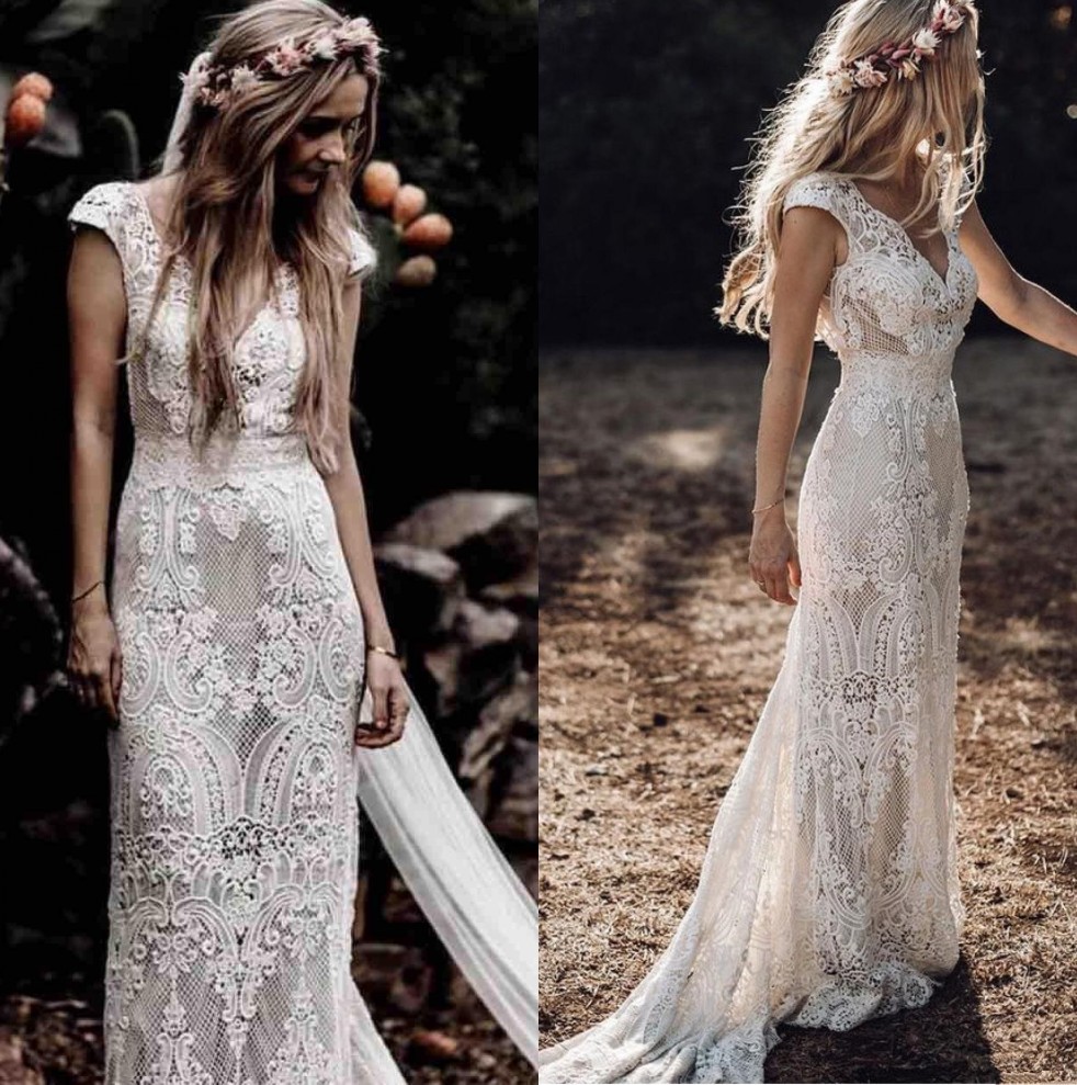 

Vintage 2019 Berta Full Lace Mermaid Wedding Dresses V Neck Cap Sleeve Bridal Gowns Bohemian Beach Garden Custom Made vestido de novia, Multicolor