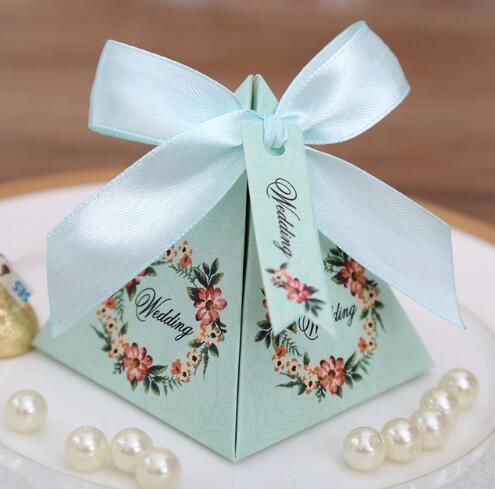

50 pcs Pink/ Purple/ Blue Floral Pyramid Wedding Favor Candy Boxes Bridal Shower Party Paper Gift Box