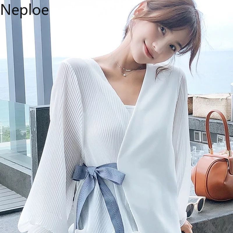 

Neploe Stripe Bow Chiffon Shirts Women Korean V Neck Flare Sleeve Ladies Blusa Top Loose Casual Office Lady Irregular Blouse, White