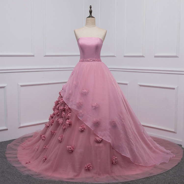 

3D Appliqued Prom Dresses Strapless Ball Gown Hand Made Flower Evening Gowns Custom Made Party Pageant Dress, Lilac