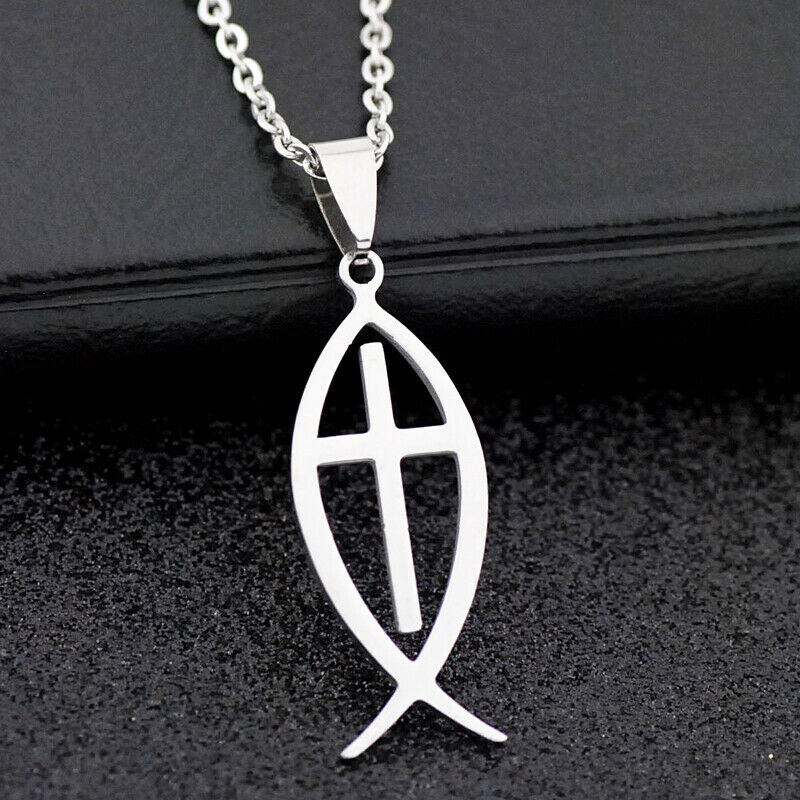 

LOT 12 pcs fashion cross Stainless steel jesus fish pendants necklaces Jewelry ST03-1