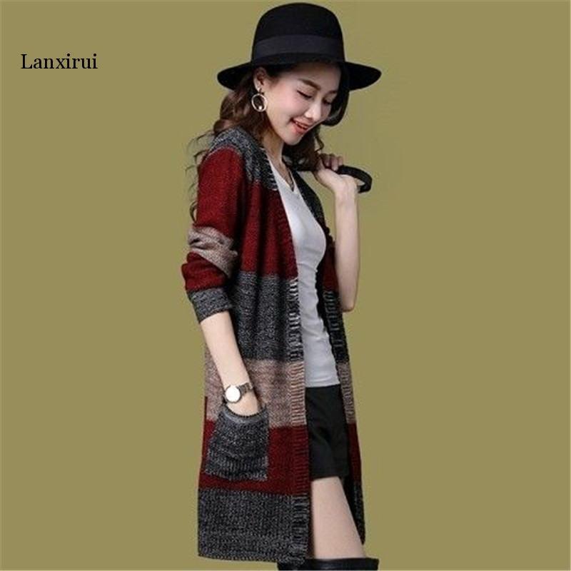 

Autumn Women Casual Striped Loose V-neck Knitted Long Cardigan Sweater Coat Female Tricot Outwear Open Stitch Casaco, Red