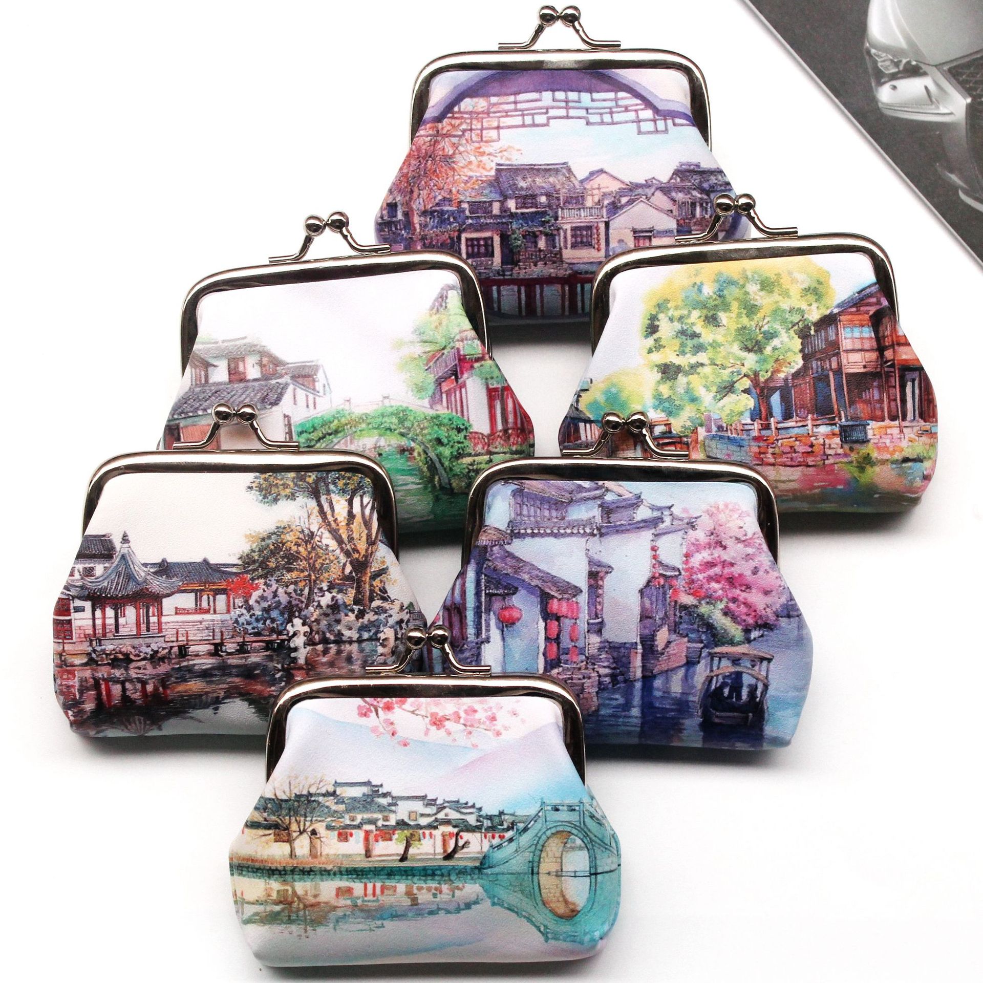 

Vintage Cute Women Printing ancient town hasp coin Wallet Ladies change Purse Female Clutch mini money Bag PU Leather Carteira