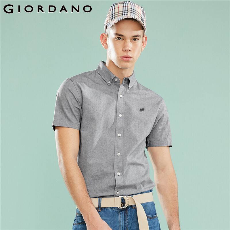 

Giordano Men Shirts Embroideried Graphic Oxford Slim Shirt Short Sleeves Turn Down Collar Soild Casual Camisas Hombre 01040487, 06blue