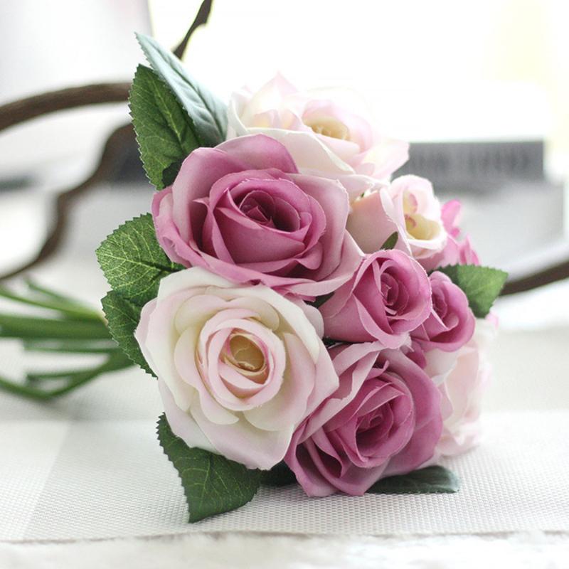 

9 Heads Artificial Silk Fake Flowers Leaf Rose Wedding Floral Decor Bouquet Small Rose Wedding Fake Flowers Festival Supplies