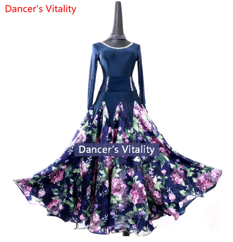 

2018 New Ballroom Dance Dress Women printing Dresses Flamenco Skirts Ballroom Dance Skirts Long Sleeves, As picture