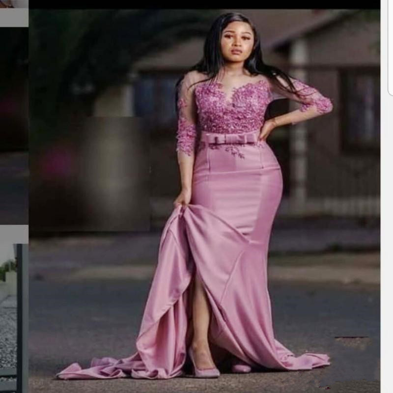 

African Long Sleeves Evening Dresses Long Jewel Sheer Satin Bow Appliques Mermaid Prom Dress Satin Maid Of The Honor Gown B162, Grape