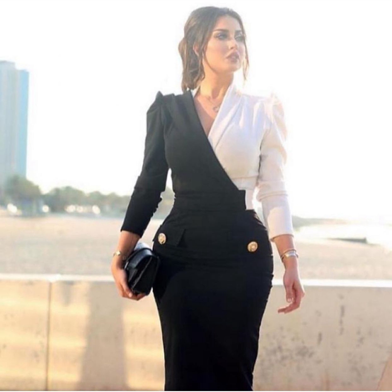 

New Arrival White Black Long sleeve evening dresses 2020 V Neck Formal dress Party gown vestido longo festa Cheap evening dress