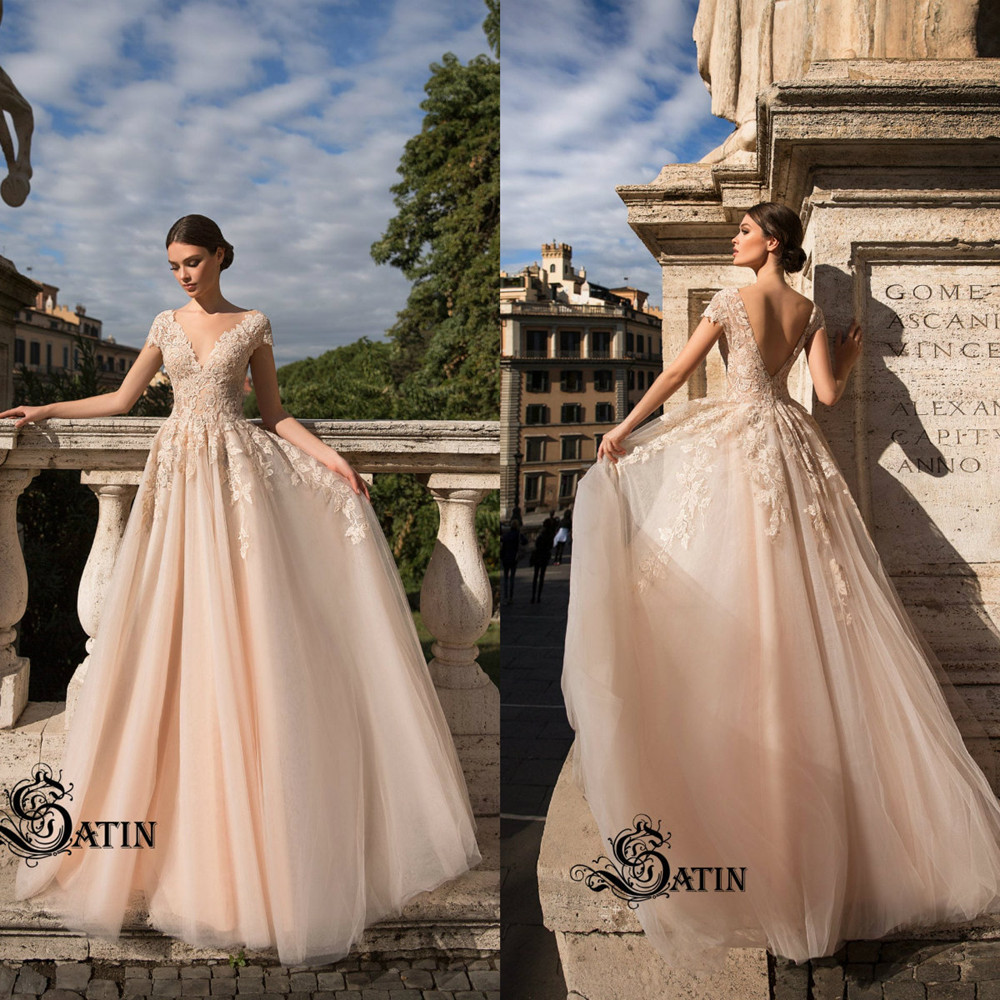 

2020 A-Line Wedding Dresses V Neck Capped Sleeves Lace Appliques Beads Bridal Gowns Custom Made Backless Sweep Train Wedding Dress, Champagne