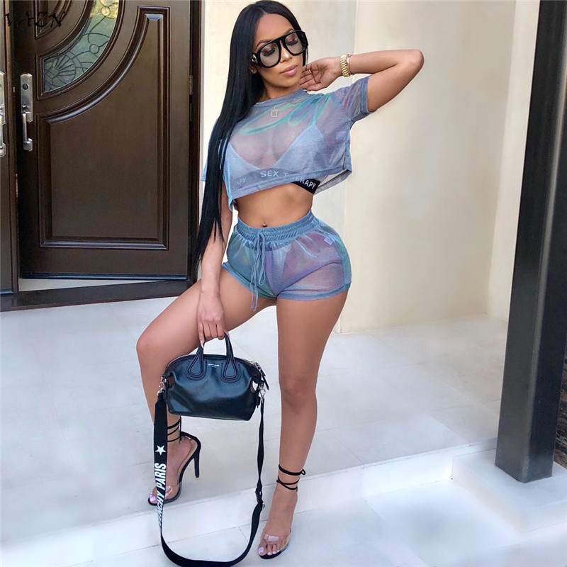 

High Design Casual Beach Style 2 Piece Women Set Solid Lace O-Neck Short Pants Bodycon Set, Purple