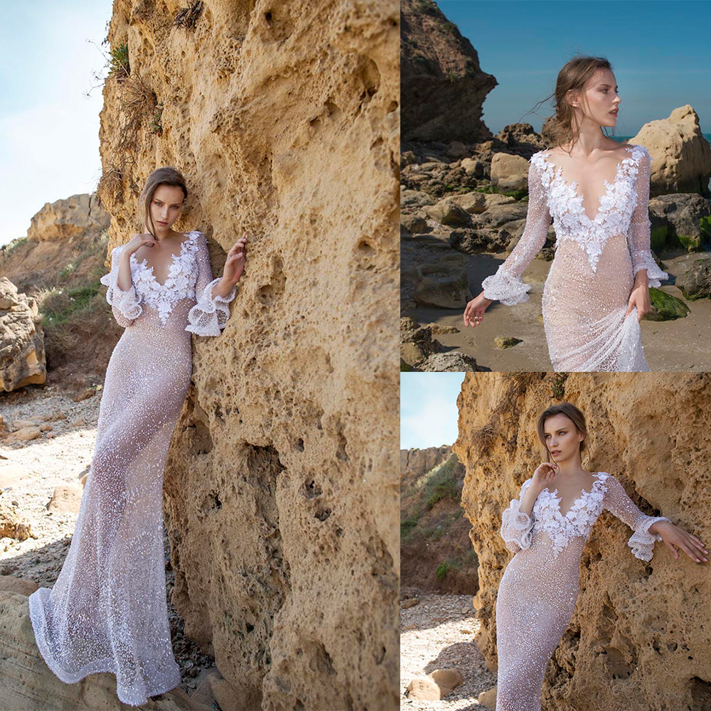 

Crystal Design Wedding Dresses 2020 V Neck Lace Appliques Mermaid Bridal Gowns Long Sleeves Floor Length Wedding Dress Vestidos De Novia, Black