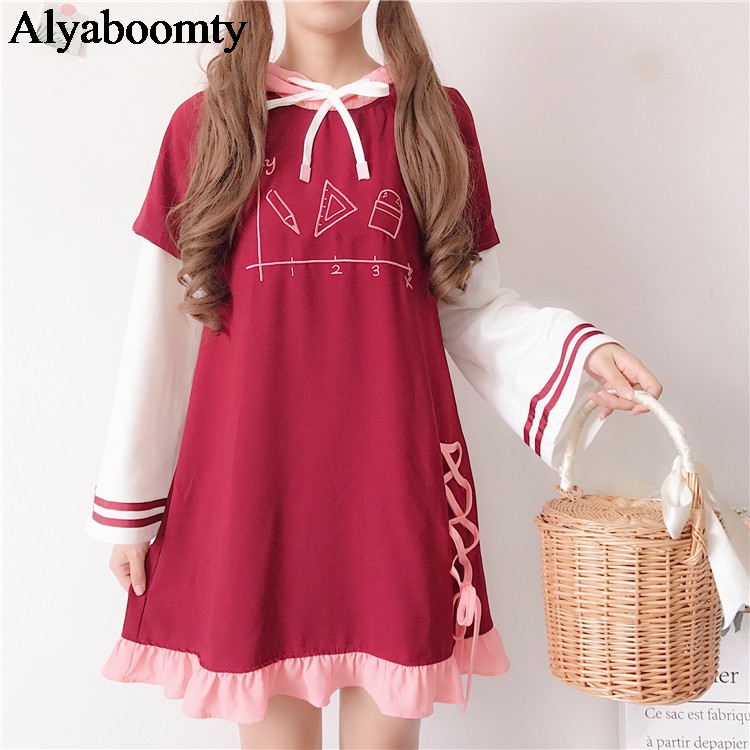 

Japanese Harajuku Women Hoodies Dress Hooded Contrast Color Cute Loose Female Tunic Elegant Bandage Ruffles Kawaii Mini Dresses, As the photo