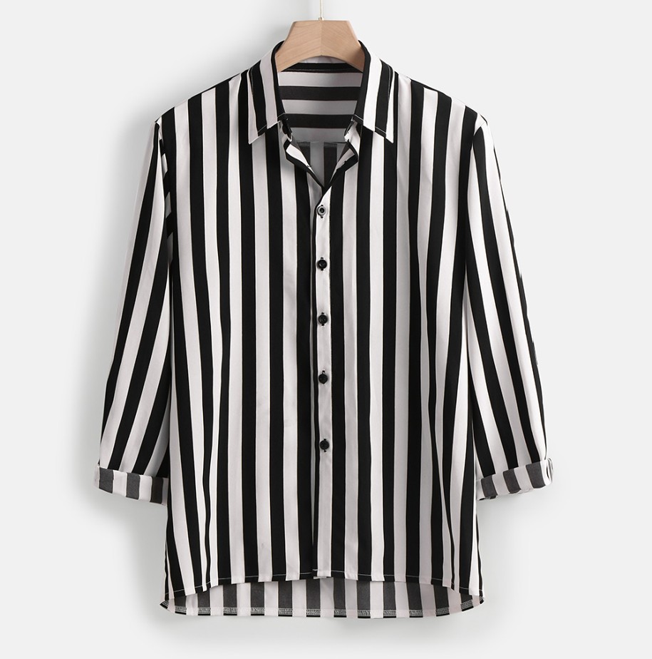 

Long Sleeve Casual Button Down Dress Men Vertical Striped Shirt Lapel Striped Slim Fit Mens Shirts, Black