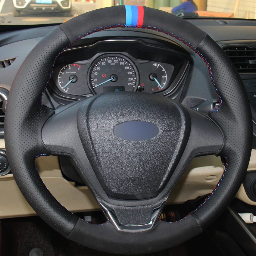 Black Natural Leather Black Suede Light Blue Blue Red Marker Steering Wheel Cover for Ford Fiesta 2008-2013 Ecosport 2013-2016-image-441803753