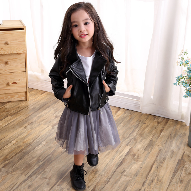 

Baby Spring girls leather jackets Autumn leather stitching mesh dresses Tutu skirts Motorcycle children's leather jackets