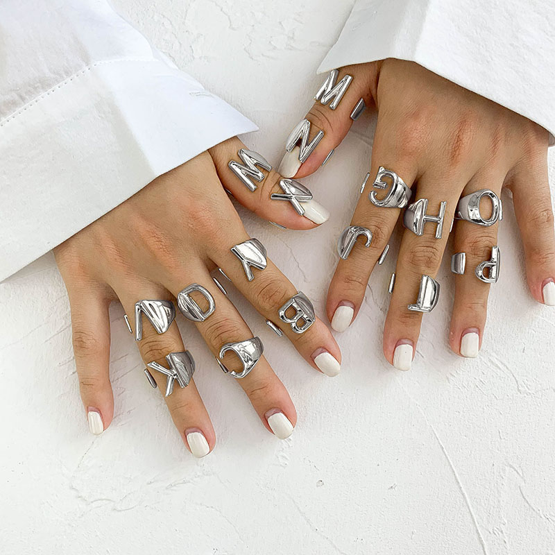 

Silver Color Metal 26 Letter Open Hollow Finger Rings 2019 Vintage Adjustable Stacking Wide Chunky A-Z Ring Women Jewelry