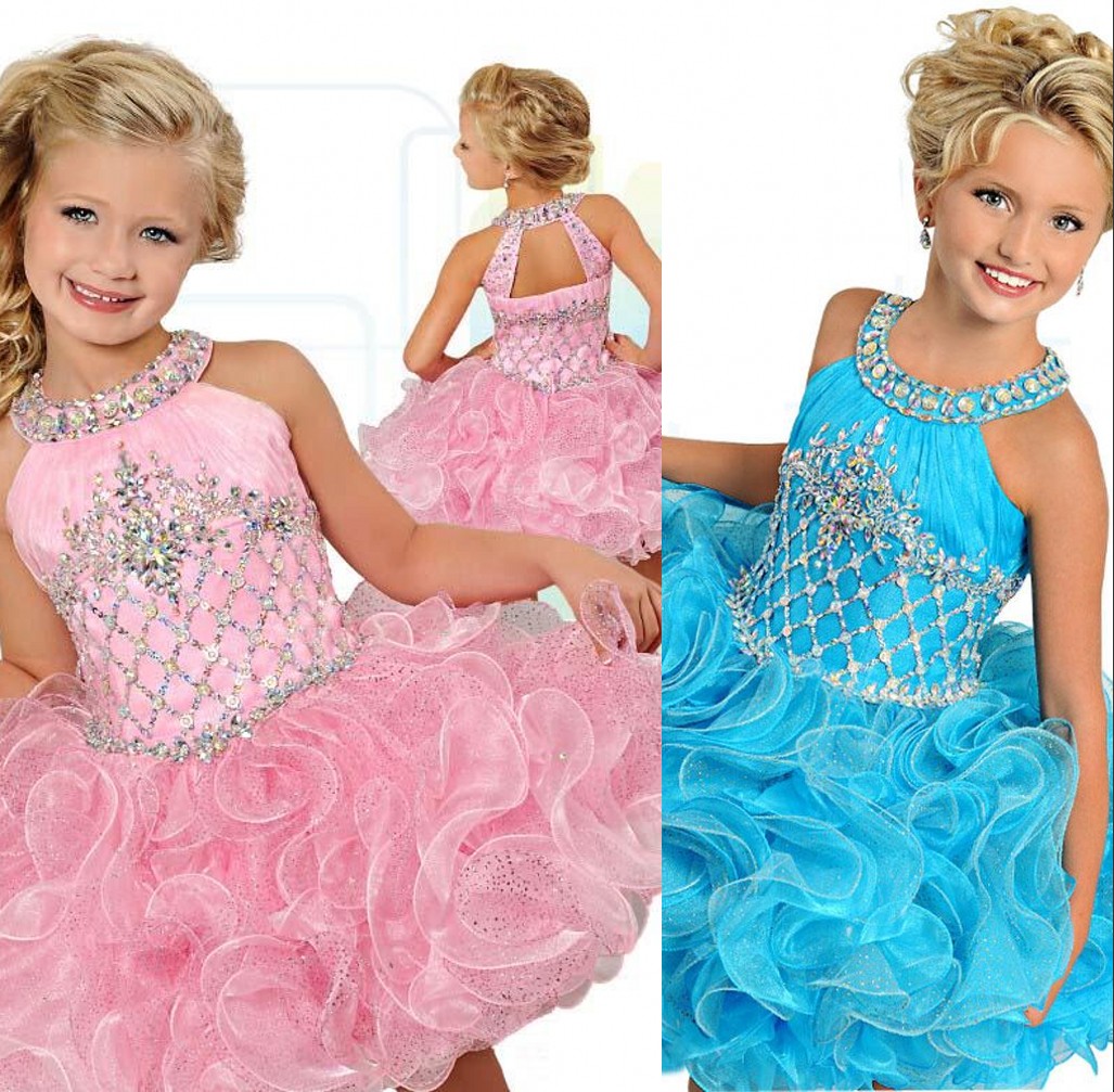

Short Cupcake Pink Sky Blue Ball Gown Girls Pageant Dresses Jewel Neck Ruffles Organza Puffy Crystal Beads Kids Flower Girls Birthday Gowns, White;red