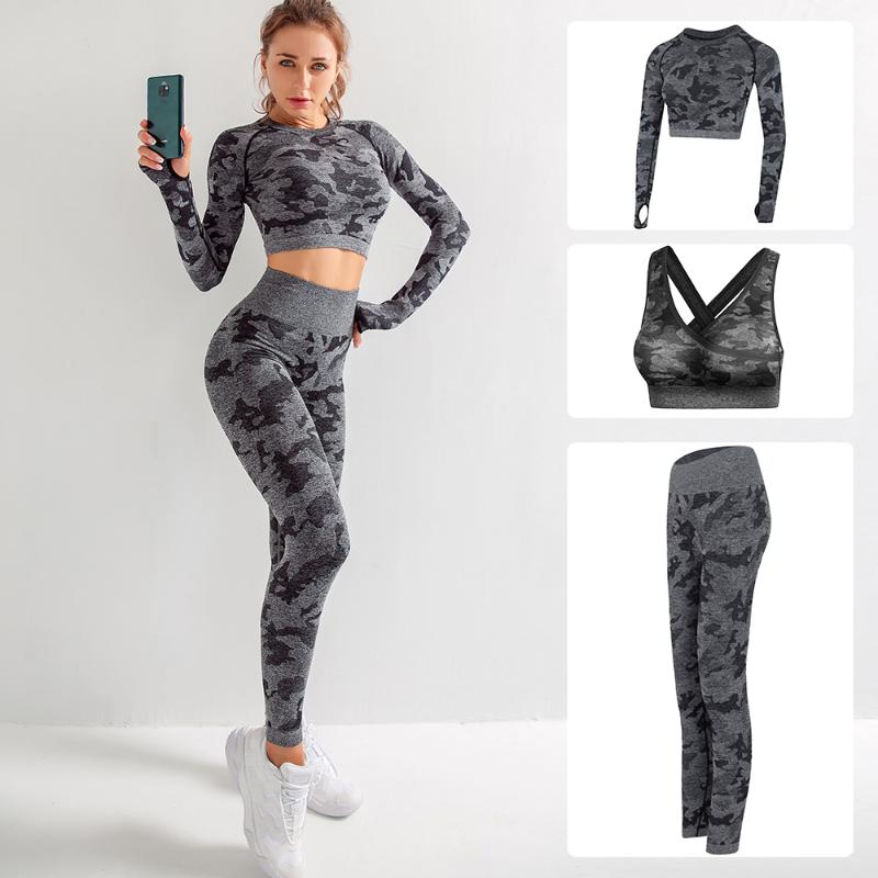 

women yoga seamless yoga 3pc set camouflage top bra long sleeve shirt women sport suit high waist pant suit woman, Green bra 1pc