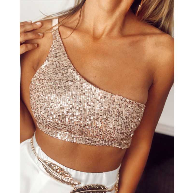 

2020 Sparkly Sequin Women Vest Sexy One Shoulder Glitter Sleeveless Strappy Tank Tops Cami Clubwear Camisole Top Femme Bodycon, Pink