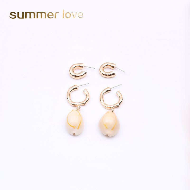 

2019 Fashion 2Pcs/Set Geometric Shell Dangle Earring for Women Europe America Simple Gold Plating Alloy Hoop Earring Summer Beach Jewelry