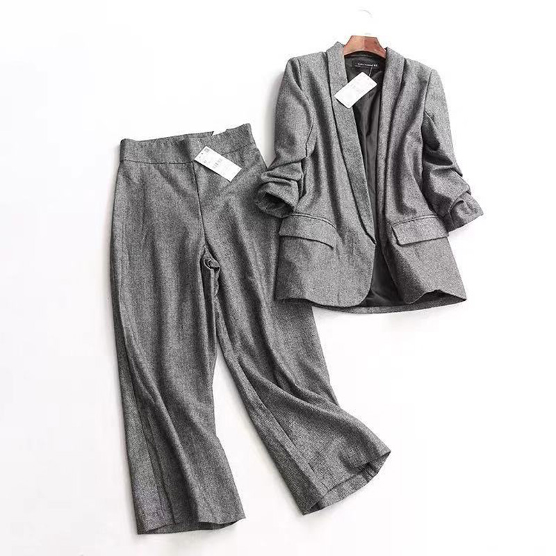

Women Fashion Solid Open Stitch Blazer Coat Three Quarter Sleeve Office Lady Casual Straight Blazer Notched Collar 2020, Gray pants