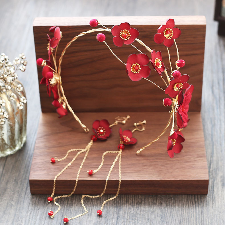 

Korean Bride Headwear Red Flower Hair Hoop Flower Long Fund Earrings Wedding Dress Full Dress Photography Toast Serve Accessories
