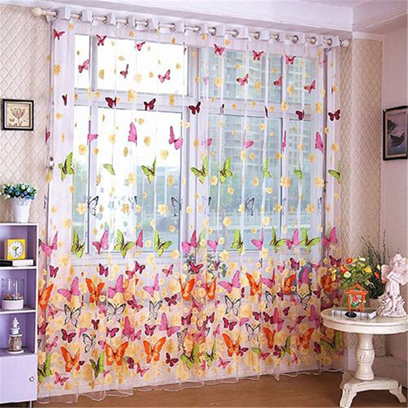 

Butterfly Printed Tulle Voile Door Window Balcony Curtains for Living Room, White